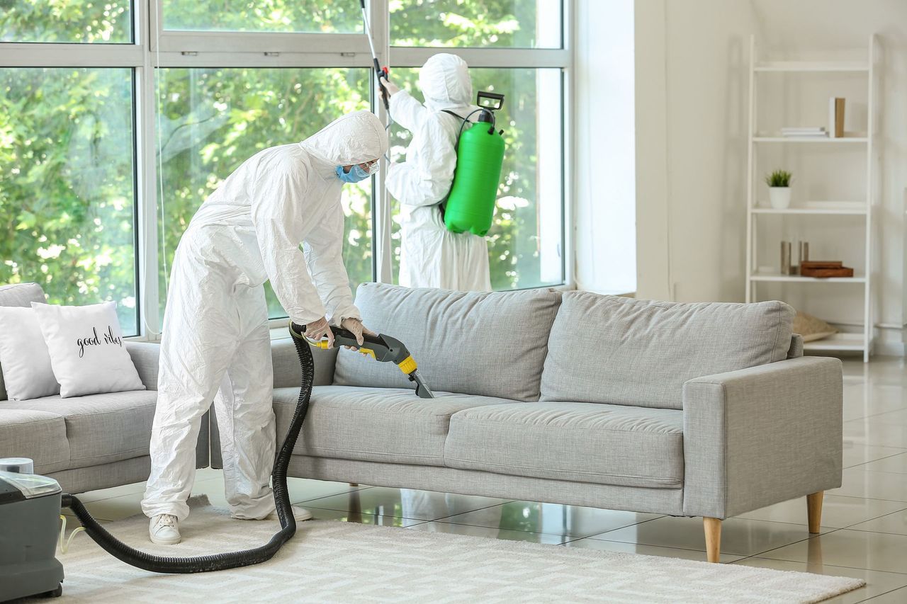 Two people in hazmat suits sanitizing a living room with a couch and a sprayer.