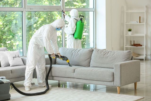 Two people in hazmat suits sanitizing a living room with a couch and a sprayer.