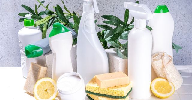 White cleaning supplies, lemon, sponge, plants on a white surface, suggesting natural cleaning products.